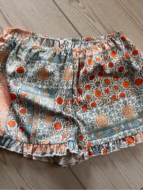 Floral Patchwork Ruffle-Hem Skort Shorts in Orange & Light Blue